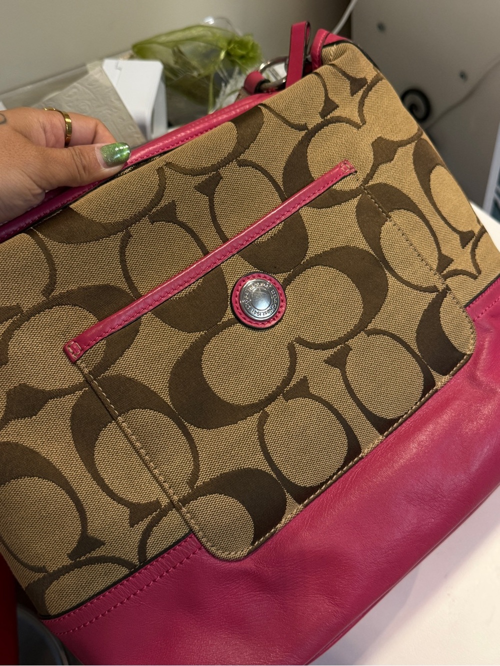Coach Brown Signature Canvas Shoulder Bag with Pink Leather Trim - Picture 7 of 9